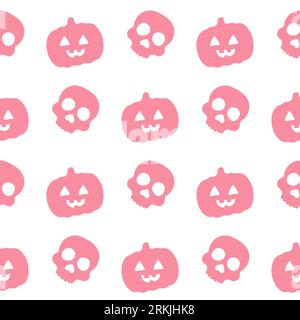 Pinkfarbener Kürbis mit nahtloser Silhouette und Totenkopf im Halloween-Muster. Vektorillustration Stock Vektor