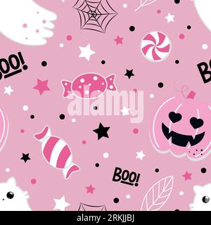 Halloween seamless pattern. Vector illustration of cute ghost cats, pumpkins and candies on a pink background. Vector cartoon seamless pattern. Stock Vector