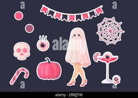 Set of pink Halloween stickers doll, pumpkin, candy, girl, cocktails. Stickers, vector illustration Stock Vector