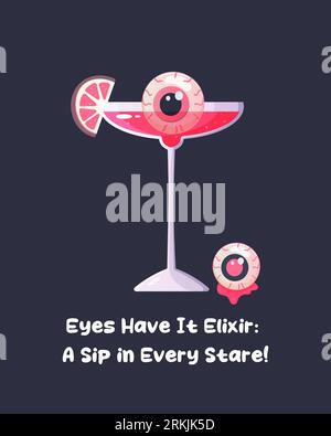 Rosafarbenes Halloween-Poster, Cocktail, Mädchen, Bildunterschrift, Beschriftung, lustige Bildunterschrift. Vektorillustration Stock Vektor