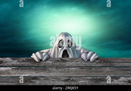 Halloween Ghost Background and eerieGhosts as a spooky monster peeking as an angry haunted creepy phantom spirit hiding as a halloween banner concept Stock Photo