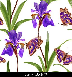 Seamless pattern with iris flowers and purple butterfly. Stock Vektor