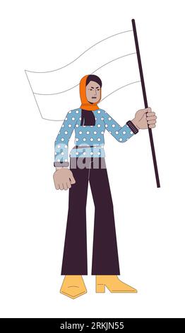 Muslim woman holding flag flat line color vector character Stock Vector