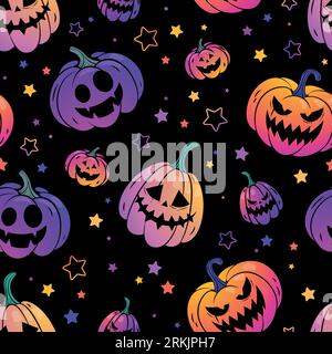 Nahtloses Halloween-Muster mit schwarzem Hintergrund und geschnitzten Neon-Kürbissen. Stock Vektor