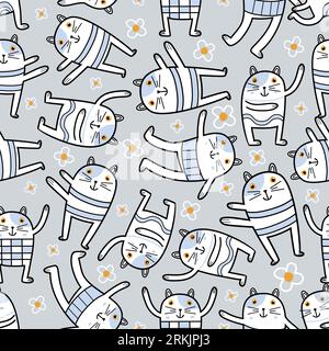 Lustige Katze in unterschiedlicher Yoga-Haltung. Gesunde niedliche Tiere Zeichentrickfigur. Trendige Modendrucke, Tierpapiere, Geschenkverpackungen für Katzenfreunde, Wand Stock Vektor