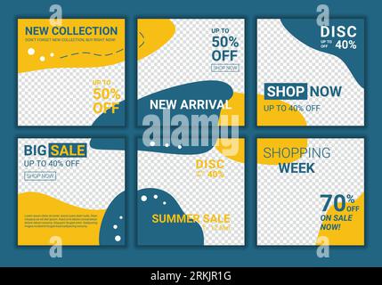 Set of fashion design backgrounds for social media post with blue and yellow colors. Stylish social media posts, story and photos. Vector web banner a Stock Vektor