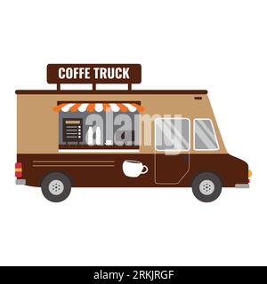 Street Coffee van Icon-Design. Espresso Cafe Frühstück Kaffeepause Essen LKW Liefermeister. Schnelle Lieferung. Vektorillustration im Zeichentrickstil. Stock Vektor