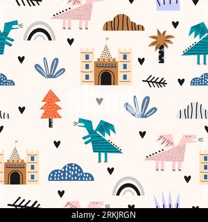 Niedliche lustige Libellen-Dinosaurier für Kinder mit nahtlosem Muster aus Schloss, Palme, Regenbogen und Wolken. Perfekt für Kinderkleidung, Stoff, Textilien und Kinderzimmer Stock Vektor