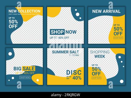 Set of editable minimal square banner template. Abstract puzzle design background with yellow and blue colors combination. Summer big sale. Promotiona Stock Vector