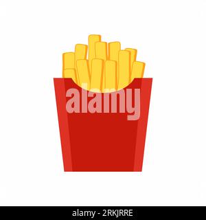 Französische Pommes frites in rotem Papierkasten Vektor flaches Karikatursymbol. Gelbe Fast-Food-Symbole Kartoffelpaket isoliert auf weißem Hintergrund. Junk ungesunde Lebensmittel. Consu Stock Vektor
