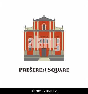 Prešeren Square is the central square in Ljubljana, the capital of Slovenia. Cartoon building landmark travel, tourism destination infographic, inform Stock Vector