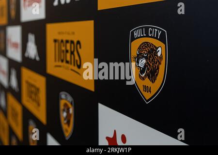 Hull, UK. 25th Aug, 2023. Hull City badge on the sponsors board in the press room during the Sky Bet Championship match Hull City vs Bristol City at MKM Stadium, Hull, United Kingdom, 25th August 2023 (Photo by Mark Cosgrove/News Images) in Hull, United Kingdom on 8/25/2023. (Photo by Mark Cosgrove/News Images/Sipa USA) Credit: Sipa USA/Alamy Live News Stock Photo