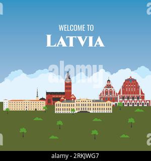 Latvia country design template with famous building landmarks. Flat cartoon style historic sight showplace web vector illustration. World vacation tra Stock Vector