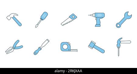 Tischlerset-Symbol. Symbol für Handwerker-Tools. Enthält Symbole Hammer, Schraubendreher, Säge, Bohrer usw. Symbolstil mit flacher Linie. Einfache Vektorkonstruktion Stock Vektor