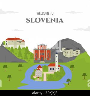 Vector flat travel icon in Slovenia. Welcome to Slovenia. World famous building landmark travel, tourism destination infographic, information. Cartoon Stock Vector