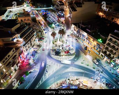 An Aerial drone night shot of St. Julian's Bay in Malta Stockfoto