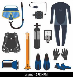 Set of diving tools for diving in flat element style isolated on white background. Stock Vector