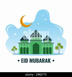 Eid mubarak background with half moon and green mosque. Eid mubarak greeting card with flat element style isolated on white background. Stock Vektor