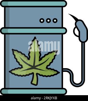 Hanf-Biokraftstoff-Trommelkonzept, Biomasseöl mit Düsenvektorsymbol, Cannabis- und Marihuana-Symbol, thc- und cbd-Zeichen, pflanzlicher Drogenbestand für Freizeitzwecke Stock Vektor