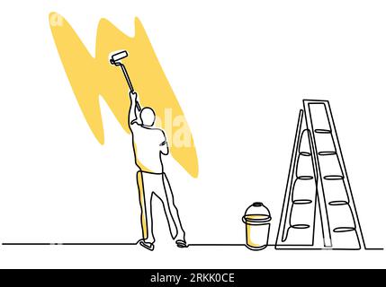 Continuous one line drawing of young handyman painting the wall using roller stick. Painter wall renovation service concept. Vector home renovation th Stock Vector
