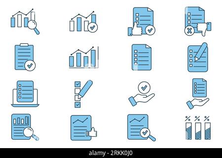 Survey set icon. Contains icons Checklist, graph, survey form, response, etc. suitable for web site design, app, user interfaces, printable etc. Flat Stock Vector