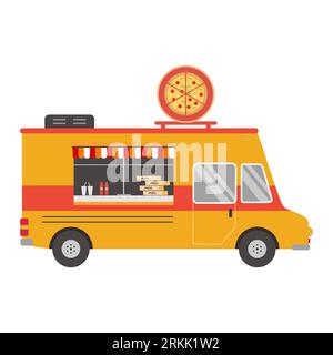 Flat cartoon pizza truck icon. Italian restaurant menu Pepperoni. Street food festival color restaurant car. Delivery service pizzeria. Vector illustr Stock Vector