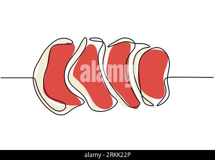 Single continuous line of big fresh steaks. Big fresh steaks fast food in one line style isolated on white background. Stock Vektor