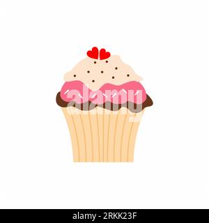 Cup cake icon illustration. Sweets chocolate and strawberry cupcake with heart isolated on white background. Stylish modern pastry baking background. Stock Vector