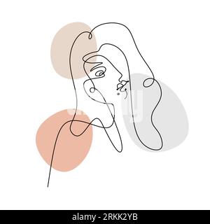 Continuous one line of woman face abstract with long hair and birthmark under lips. Cute woman face in single line style isolated on white background. Stock Vector