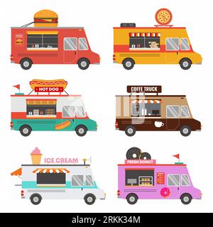 Set collection of fast food shop truck pizza, burger, coffee, donut, ice cream etc isolated on wite background. Street food van vehicle. Delivery serv Stock Vektor