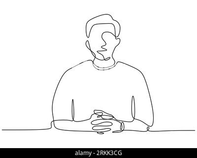 Eine durchgehende Linie von Mann, der mit der Hand vorne sitzt. Eine einzelne Frau setzt sich mit der Hand auf den Tisch, isoliert auf weißem Hintergrund Stock Vektor