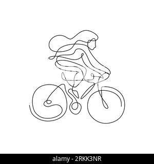 Continuous one line of young woman riding road bike. Woman bicycle athlete training in single line style isolated on white background. Stock Vector