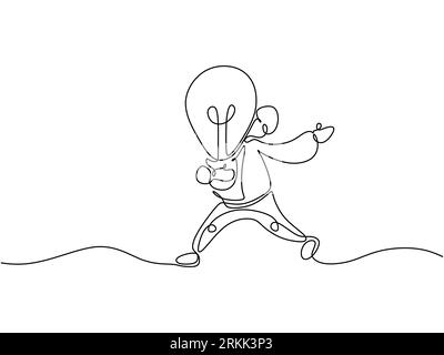 Continuous line of ideas concept. Single line of man bringing big lamp. One line of little lamp hugging big lamp isolated on white background. Stock Vector