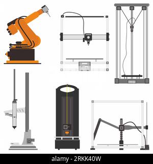 Modern flat icons set of 3D printer with different type such as cartesian 3D printer, Delta 3D Printer, polar printer, scara printer etc. 3D modeling Stock Vektor