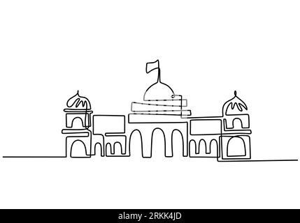 Big Mosque continuous one line drawing vector minimalist design. islamic symbol sign isolated one white background. Stock Vector