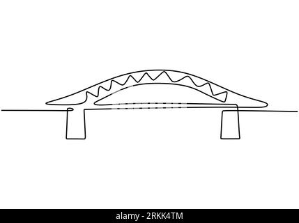 Riesige Brücke über den Fluss. Durchgehende Konstruktion einer Linie von Brückenzeichnungen. Einfacher moderner minimalistischer Stil isoliert auf weißem Hintergrund. Stock Vektor