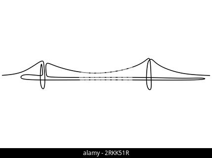 Riesige Brücke über den Fluss. Durchgehende Konstruktion einer Linie von Brückenzeichnungen. Einfacher moderner minimalistischer Stil isoliert auf weißem Hintergrund. Stock Vektor