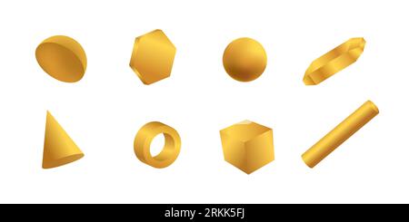 Golden geometric 3d shapes set. Cylinders with hexagon and triangle Stock Vektor