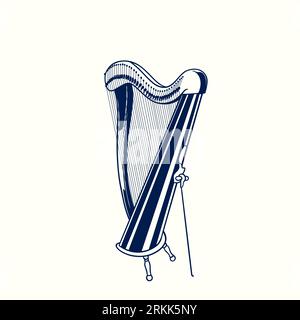 Musical harp hand drawn sketch. Classical music instrument isolated on white background. Music concept vector illustration vintage engraving design el Stock Vector