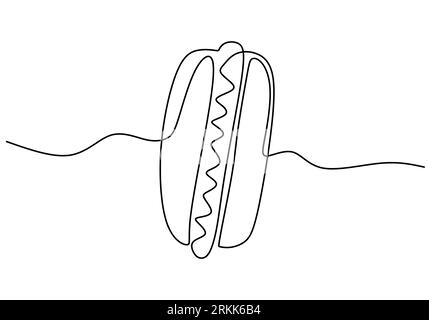 Single continuous line of a hotdog with sausage. Big hotdog with sausage in one line style isolated on white background. Stock Vector