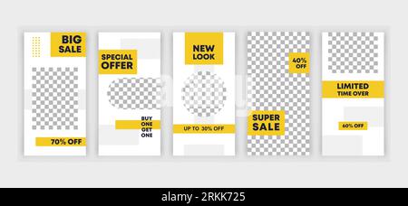 5 collection editable social media templates design. Set ig stories frame templates, layout designs. Mock-up for marketing promotions, covers, banners Stock Vector