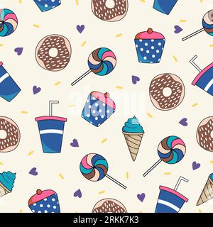 Seamless pattern background with donuts, candy, ice cream and drink Stock Vector