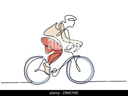 Eine durchgehende einzeilige Zeichnung eines jungen Mannes auf dem Fahrrad für Sport. Gesundes Pendlerlebenskonzept lineare Skizze isoliert auf weißem Hintergrund Stock Vektor