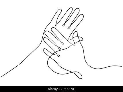 Durchgehende Linie, die die Hände von Frau und Mann zusammenhält. Das Konzept des romantischen Paares ist, sich gegenseitig zu lieben, handgezeichnete, einzeilige Kunst-Minim Stock Vektor