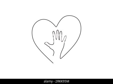 Eine durchgehende Linienzeichnung des menschlichen Hand-in-Herz-Symbols. Schutz und Fürsorge des menschlichen Konzepts isoliert auf weißem Hintergrund. Handpalme minimalis des Menschen Stock Vektor