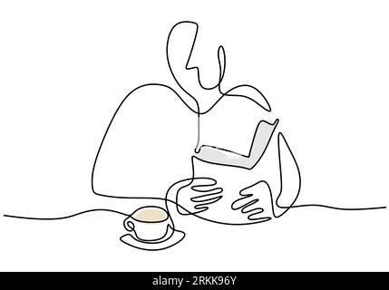 Continuous single line drawing of young man read a book with a cup of coffee on the table isolated on white background. Drinking tea concept single li Stock Vektor
