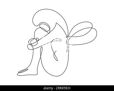 Continuous line of woman little fairy. Single line of woman fairy sitting and crying. One line of sad fairy isolated on white background. Stock Vector