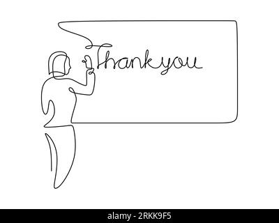 Continuous one line of woman writing thank you word on whiteboard. Woman teacher writing thank you in front of classroom. Stock Vector