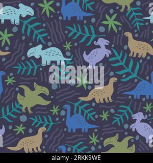 Seamless pattern of cute dinosaurs and floral isolated on dark background. Stock Vector