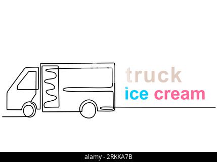 Single continuous line of ice cream food truck. Ice cream food truck in one line style isolated on white background. Stock Vektor